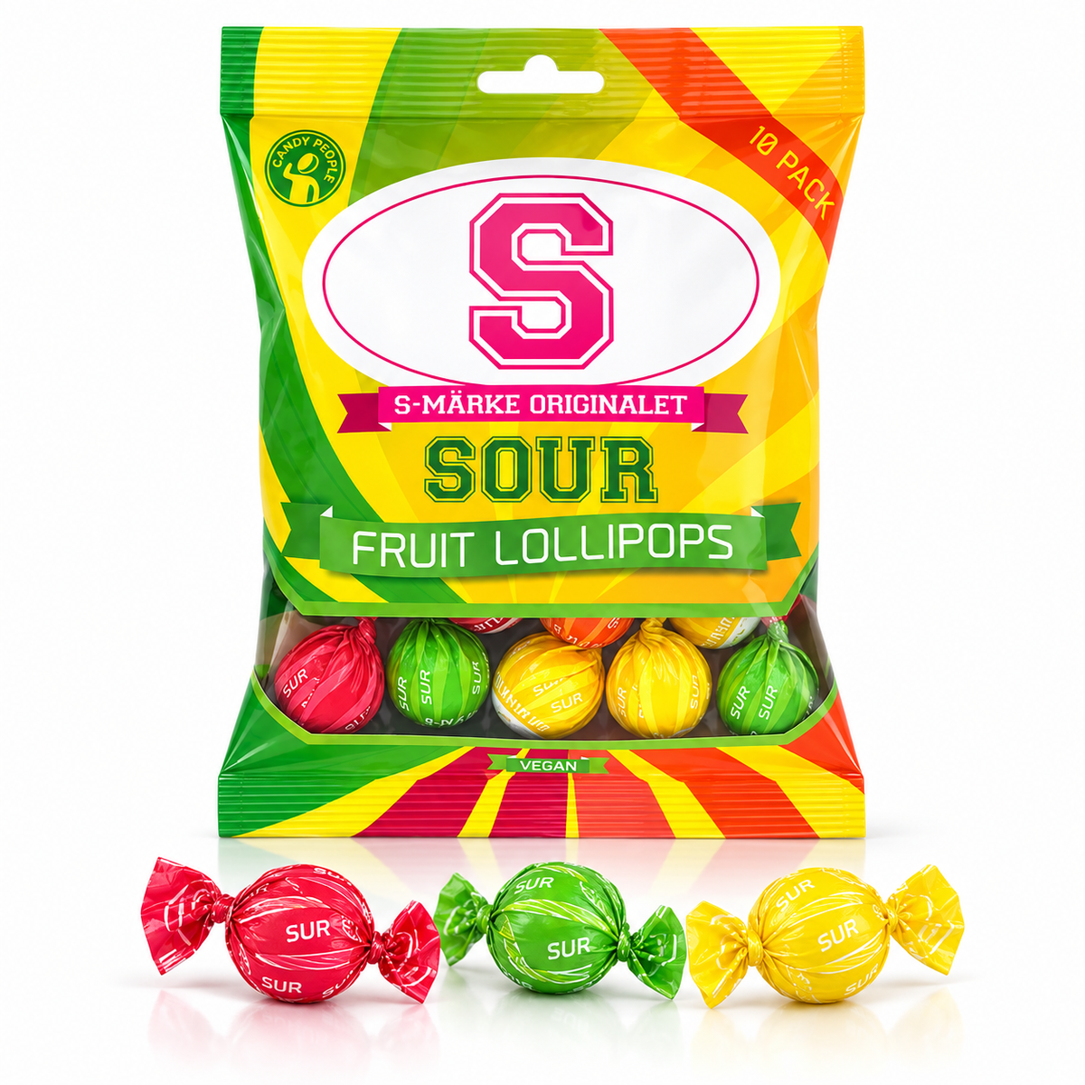 Candy People S-Märke Sour Fruit Lollipops – Vegan Swedish Candy, (10 Pieces)