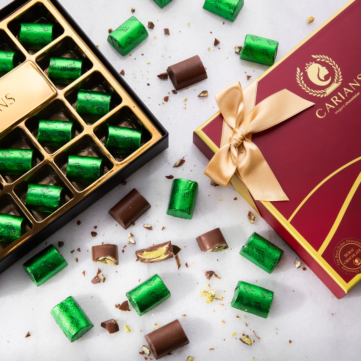 Viral Dubai Chocolate Gift Box with Gold Ribbon Wrapped