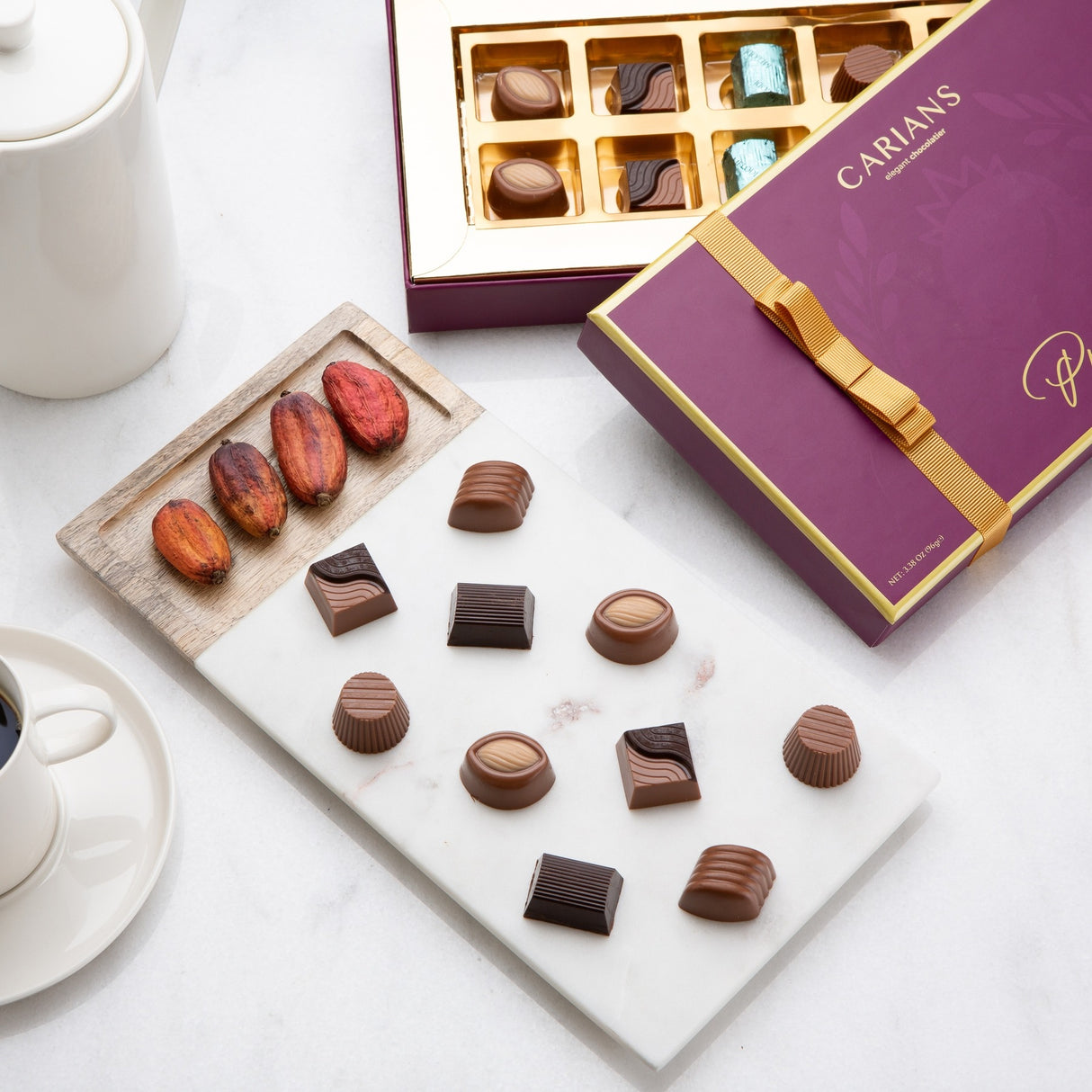 Carians Assorted Dark Chocolate Gift Basket in Dark Chocolate Varieties, Gold Ribbon