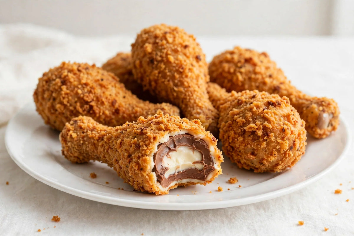 Choco Chick chocolate drumsticks that look like fried chicken, one bitten open showing milk and white chocolate