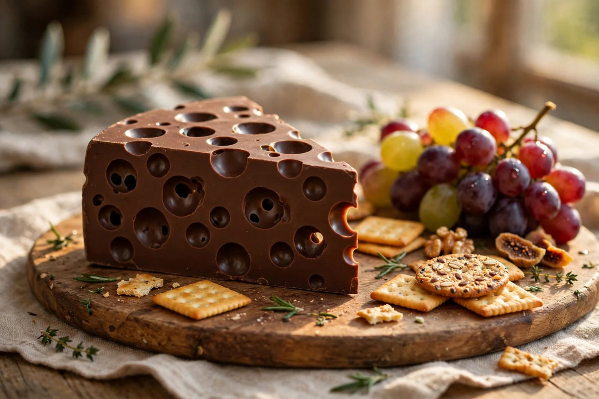 Chocolate wedge shaped like Swiss cheese with holes on a dessert board with crackers and grapes