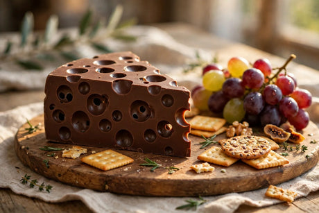 Chocolate wedge shaped like Swiss cheese with holes on a dessert board with crackers and grapes