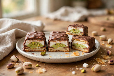 Soft chewy pistachio marshmallow candy pieces with milk chocolate coating cut open on a plate