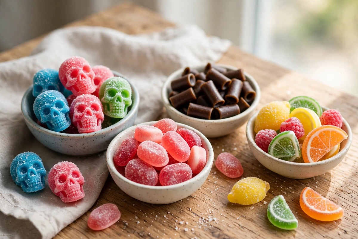 Sour Swedish candy skulls, ovals and chews in bowls on a wooden table