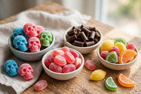 Sour Swedish candy skulls, ovals and chews in bowls on a wooden table