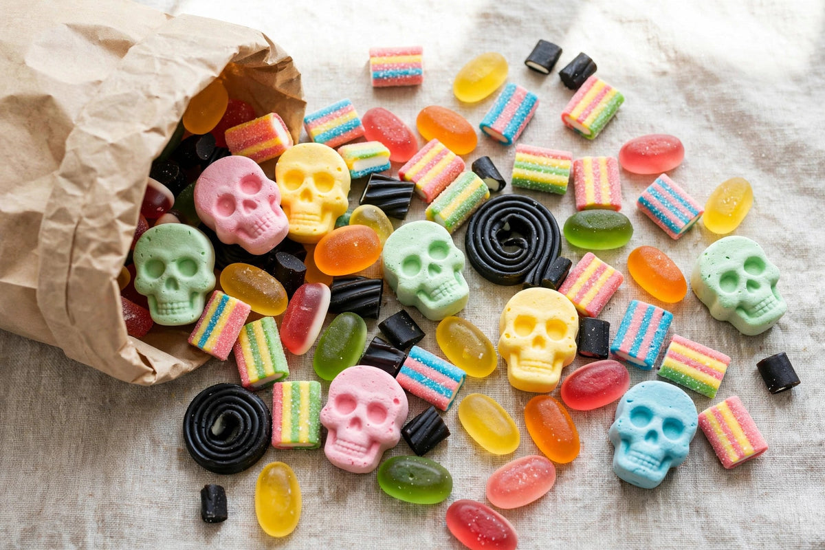 BUBS Sour Skalle fruity flavour mix, vegan Swedish candy in skull shapes