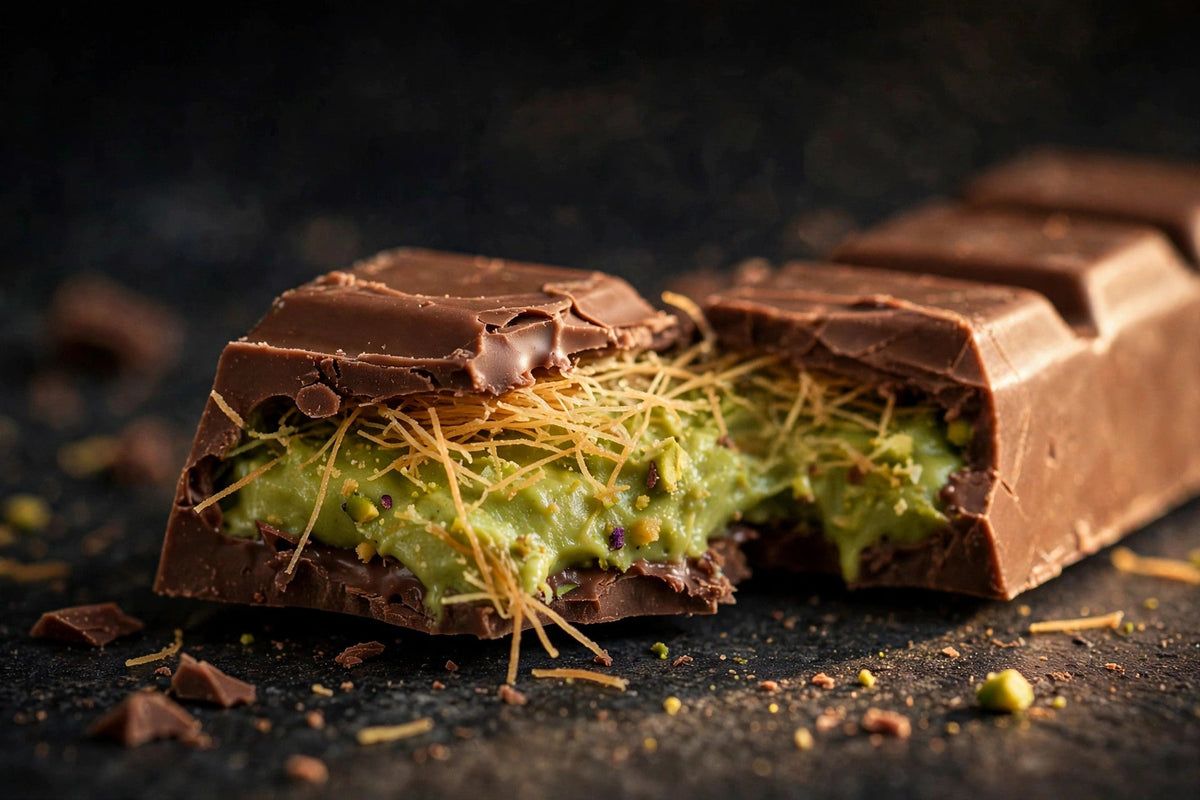 Dubai chocolate bar with pistachio cream and crunchy kataifi filling from Carian's Bistro
