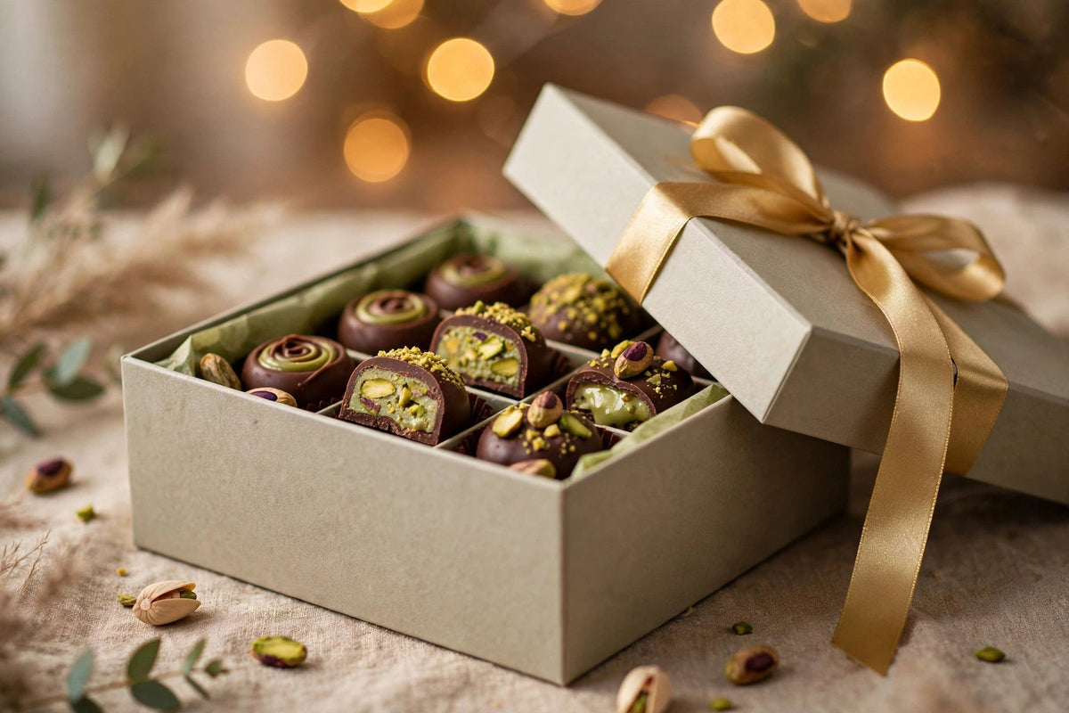 Viral Dubai chocolate gift box with gold ribbon wrapping from Carian's Bistro