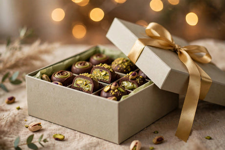 Viral Dubai chocolate gift box with gold ribbon wrapping from Carian's Bistro