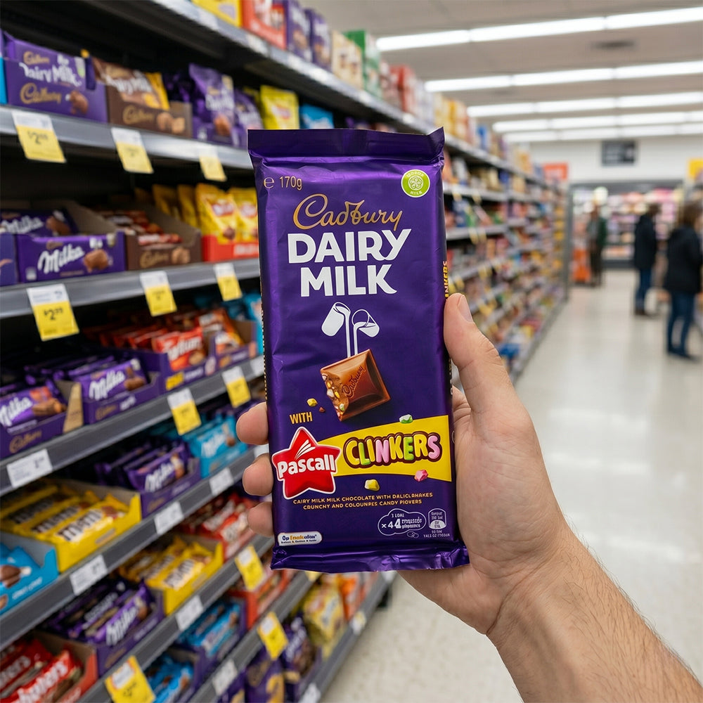 Australian Cadbury Dairy Milk Chocolate Pascall Clinkers Block
