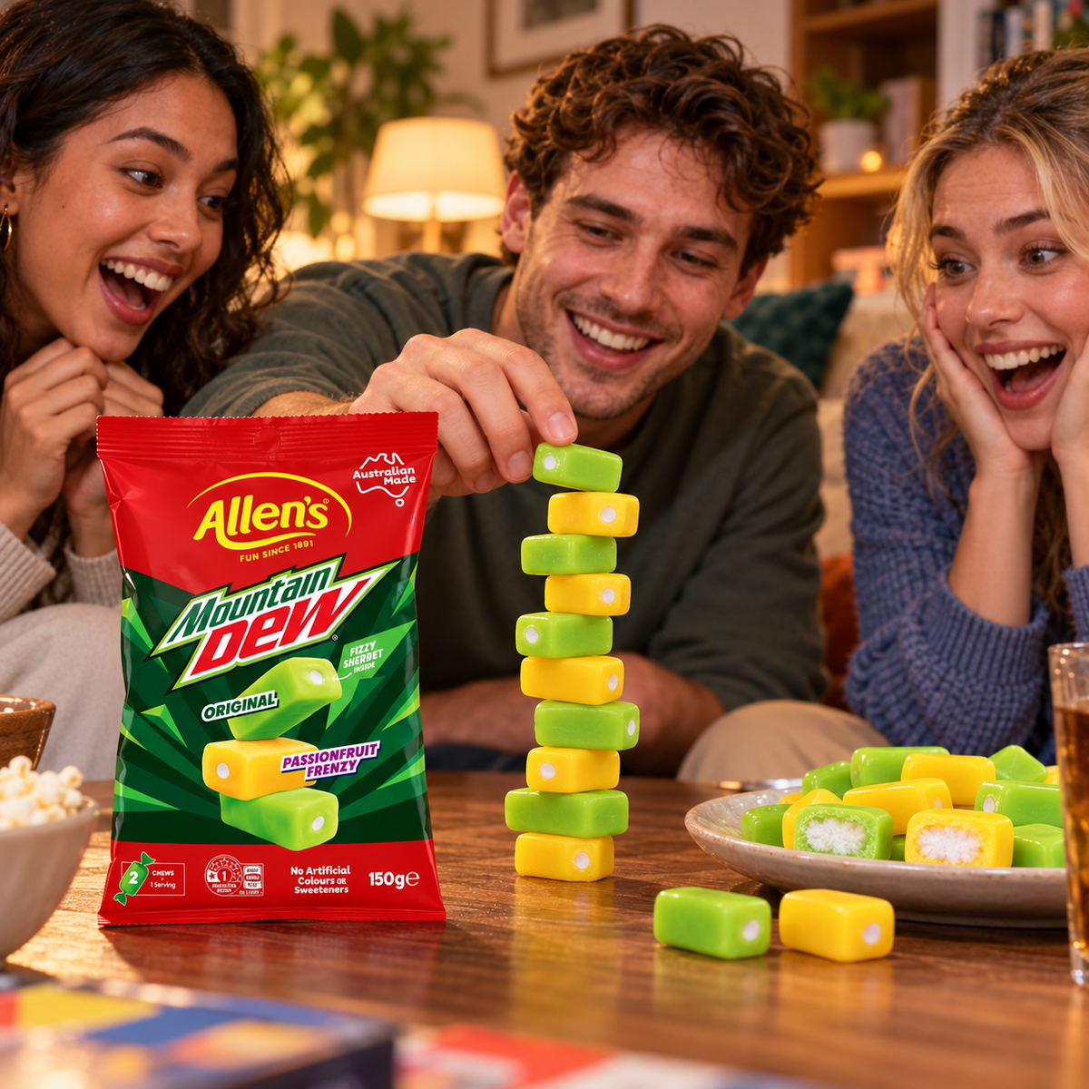 Allen’s Mountain Dew Fizzy Sherbet Chews – Original & Passionfruit Frenzy, 150 g