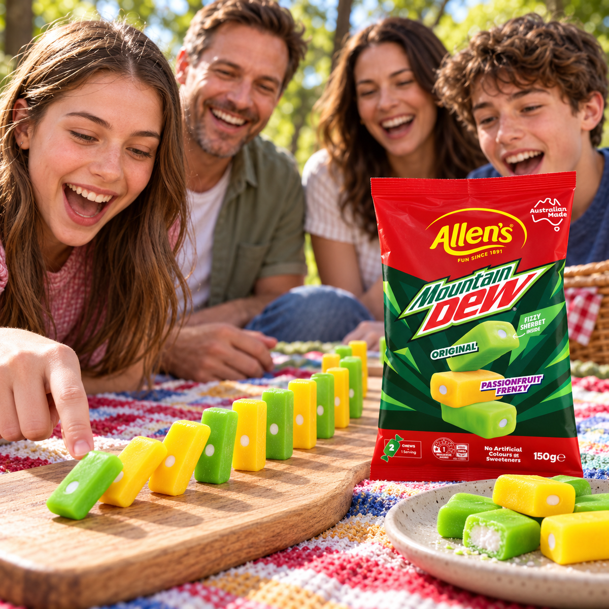 Allen’s Mountain Dew Fizzy Sherbet Chews – Original & Passionfruit Frenzy, 150 g