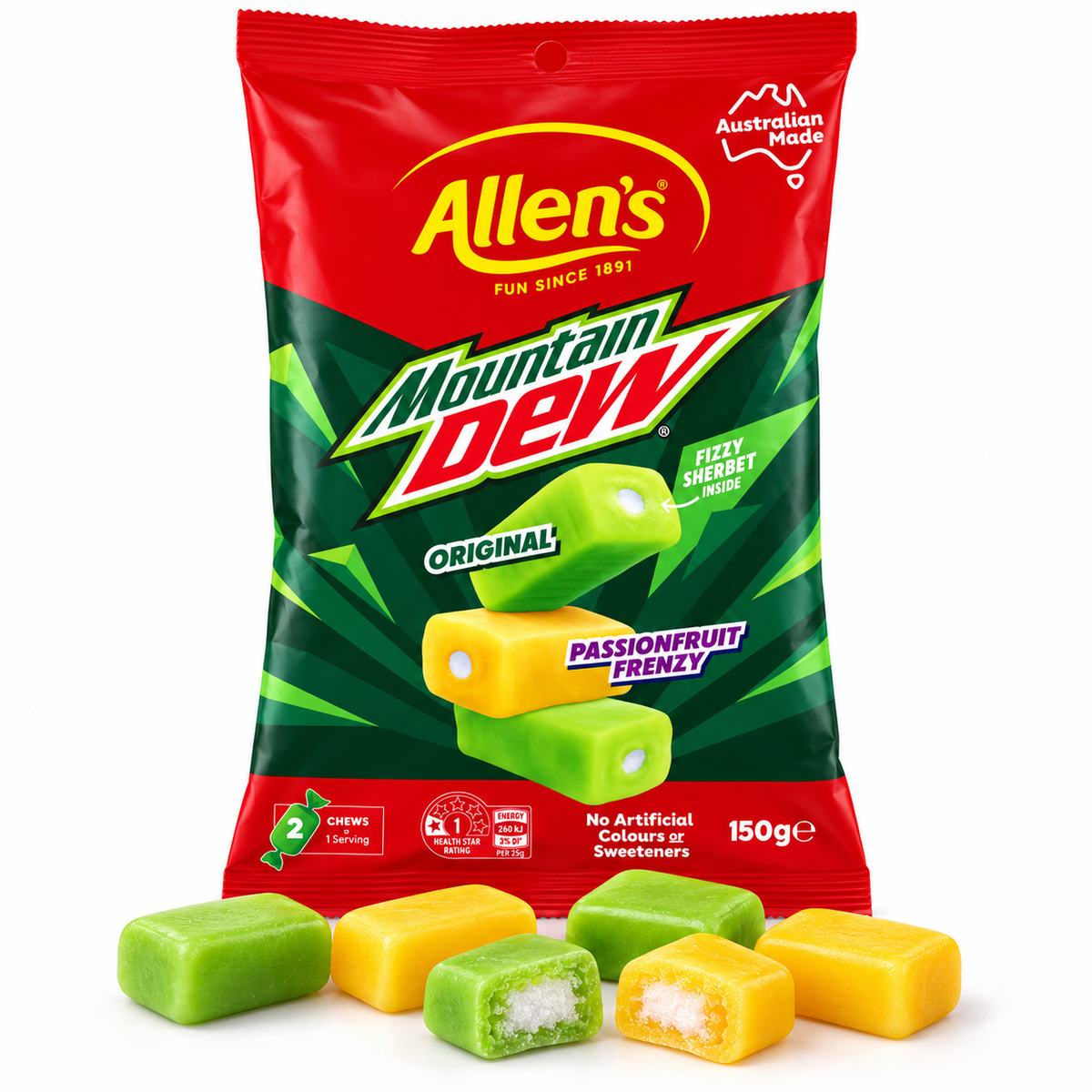 Allen’s Mountain Dew Fizzy Sherbet Chews – Original & Passionfruit Frenzy, 150 g