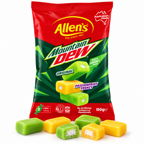 Allen’s Mountain Dew Fizzy Sherbet Chews – Original & Passionfruit Frenzy, 150 g