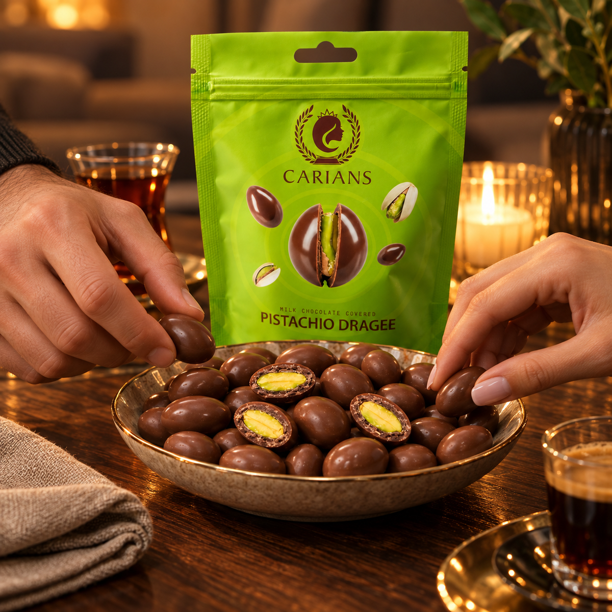 Chocolate Covered Pistachio Dragee Candy (12 Pack)
