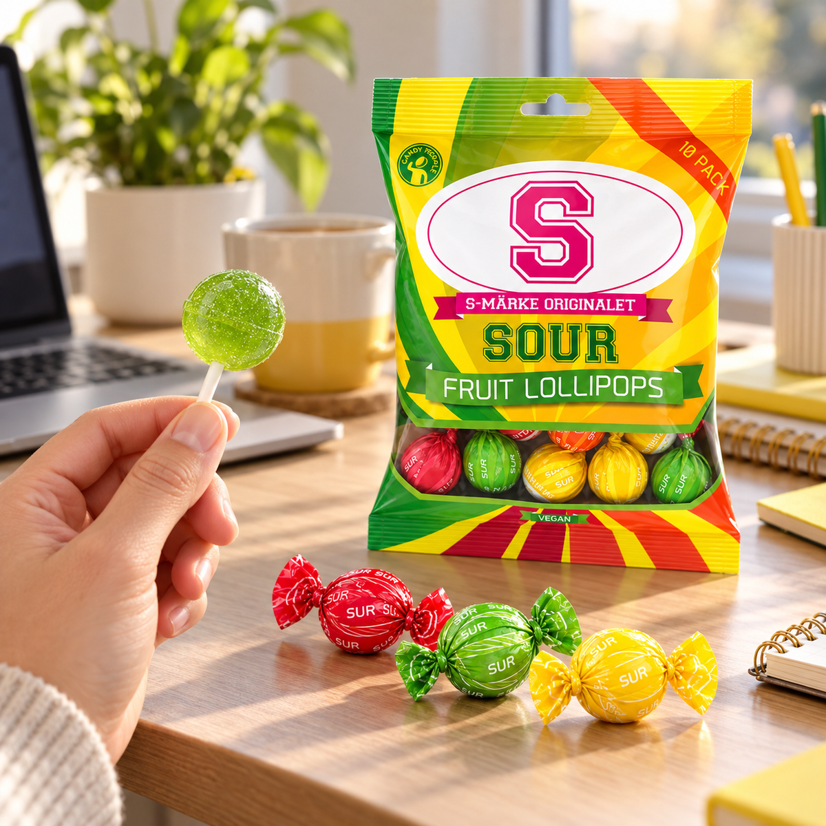 Candy People S-Märke Sour Fruit Lollipops – Vegan Swedish Candy, (10 Pieces)