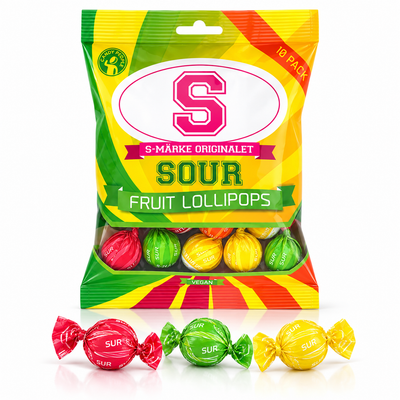 Candy People S-Märke Sour Fruit Lollipops – Vegan Swedish Candy, (10 Pieces)