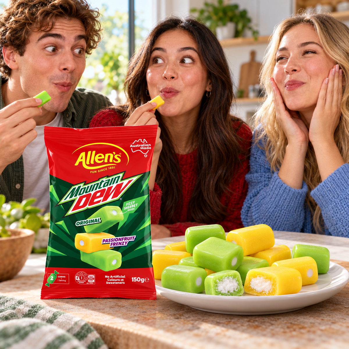 Allen’s Mountain Dew Fizzy Sherbet Chews – Original & Passionfruit Frenzy, 150 g