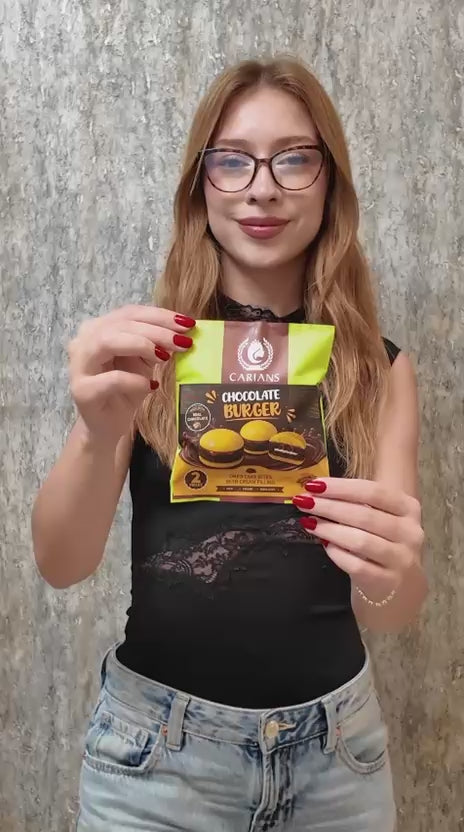 Video: woman with glasses holding up the Carian's Chocolate Burger pouch